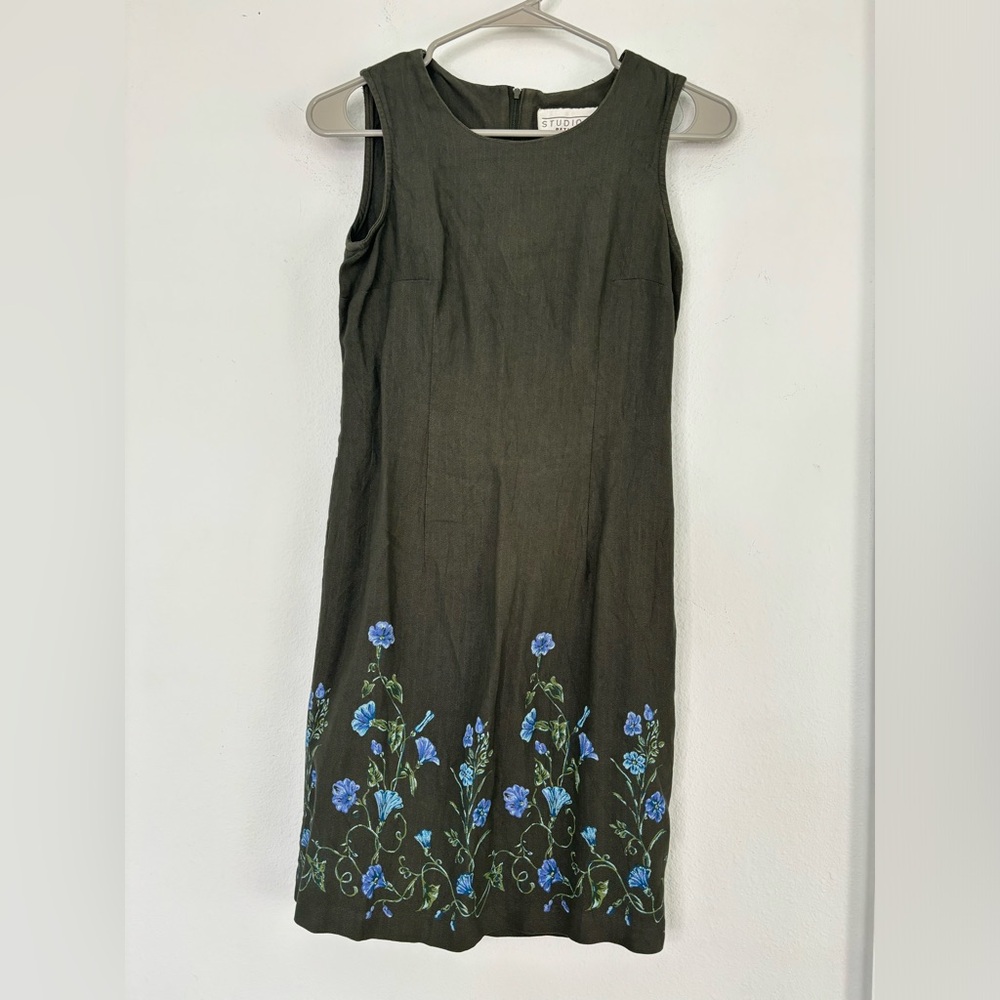 Studio C Petites vintage olive green floral midi dress Sz XS